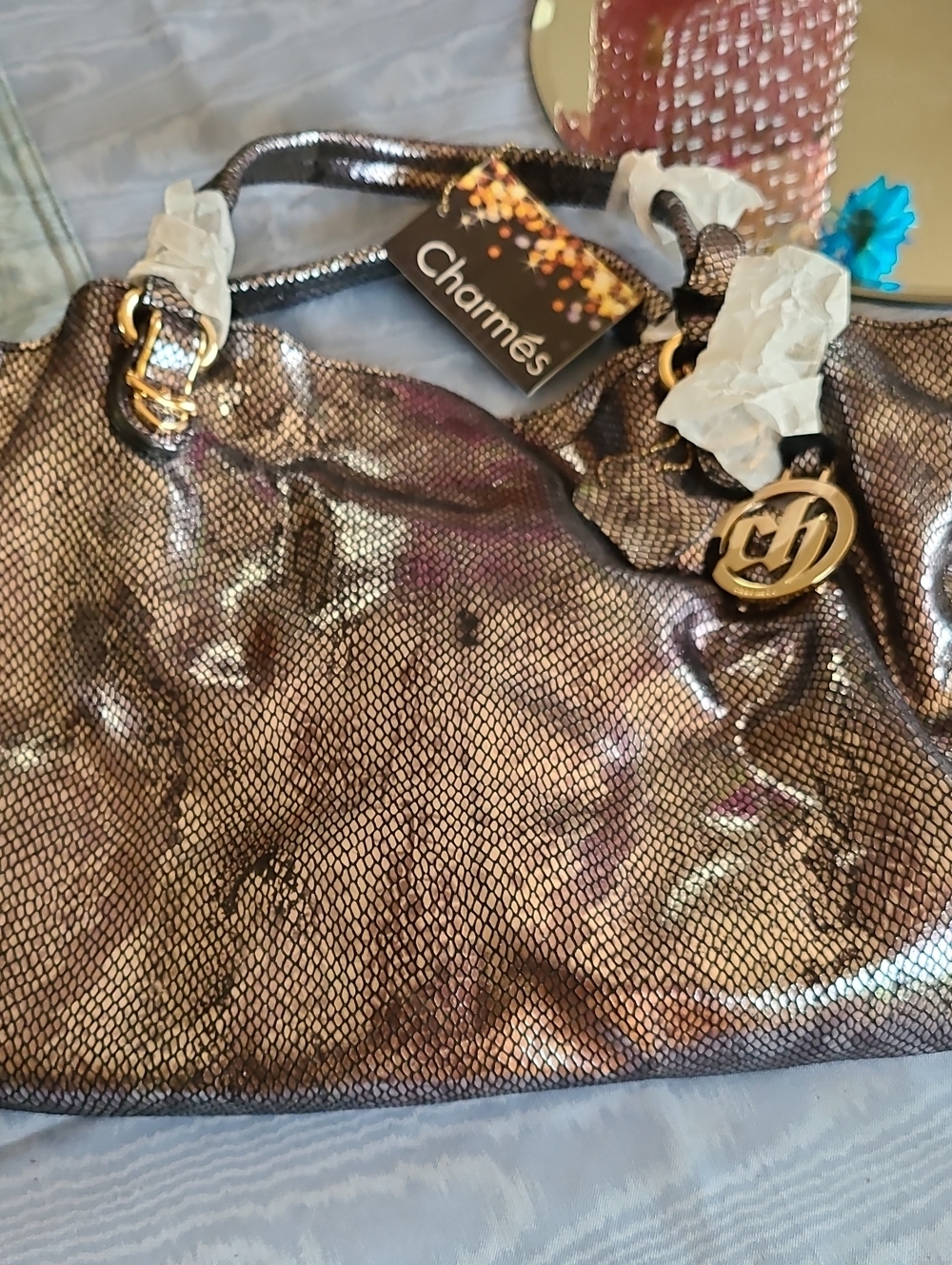 Metallic Bronze Snake-Texture Shoulder Bag